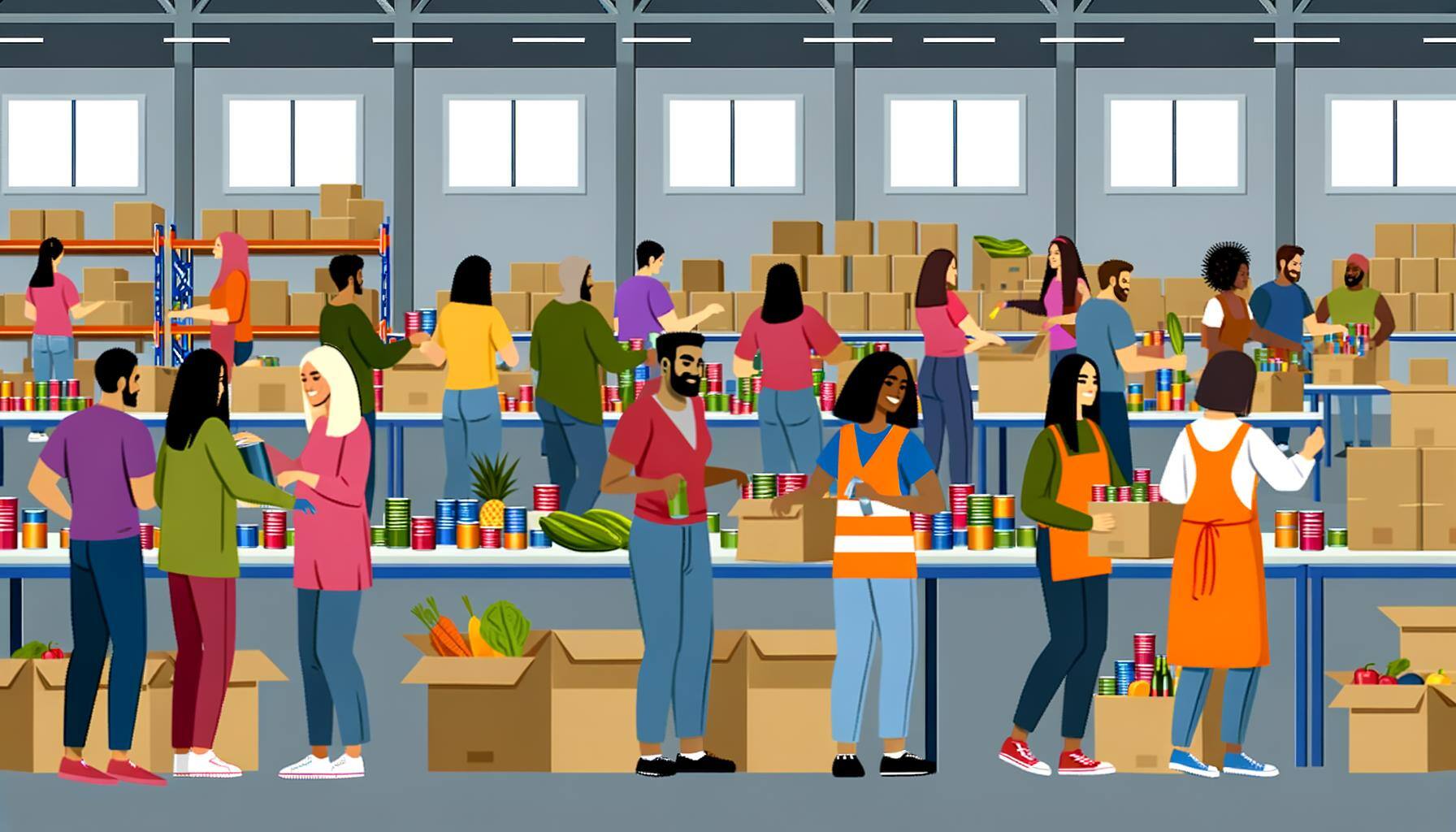 A bustling community food drive with volunteers sorting and packing donated food items in a large warehouse-1