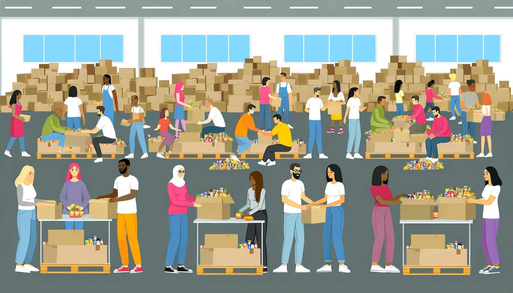 A bustling community food drive with volunteers sorting and packing donated food items in a large warehouse