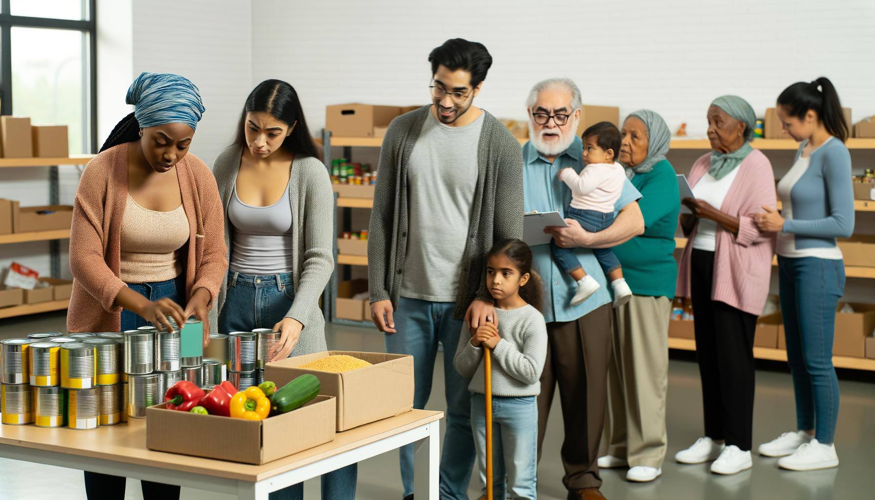 An image of a community pantry with shelves stocked with essential food items, volunteers working to organize donations, and individuals and families