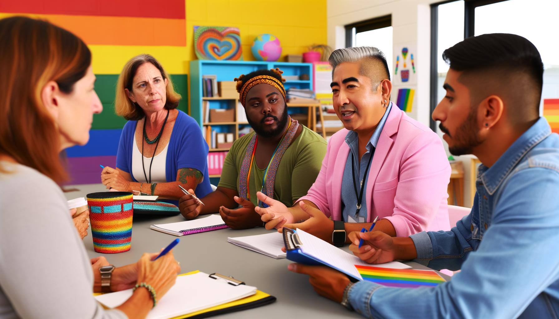 An image of a diverse group of people participating in educational workshops on 2SLGBTQ+ topics