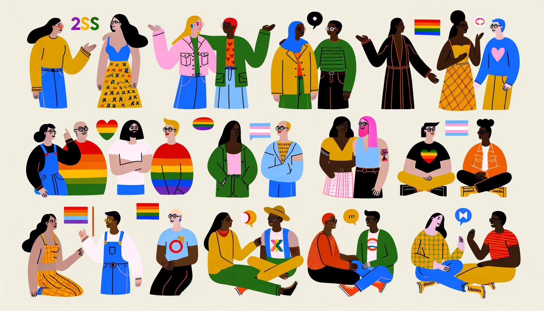 An image of individuals within the 2SLGBTQI+ community, including trans, coming together for peertopeer support, either in oneonone interactions or gr