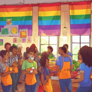 The image captures a vibrant cartoon scene at the DAO Pantry, bustling with activity on a Friday afternoon